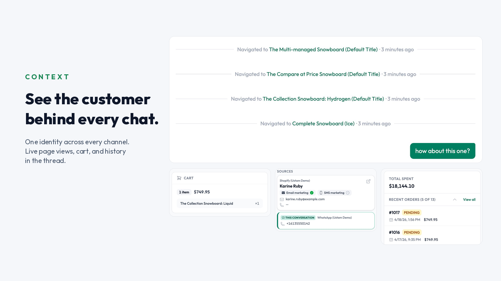 Conversation view with full customer context: profile, orders, and channel history