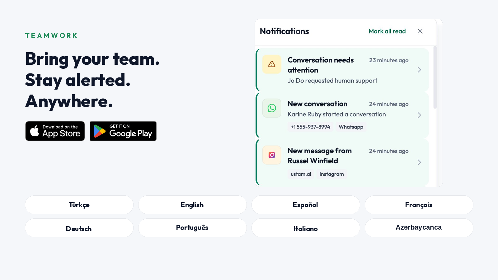 Notifications panel with alerts for conversations needing attention, new conversations, and incoming messages — for staff on web and mobile