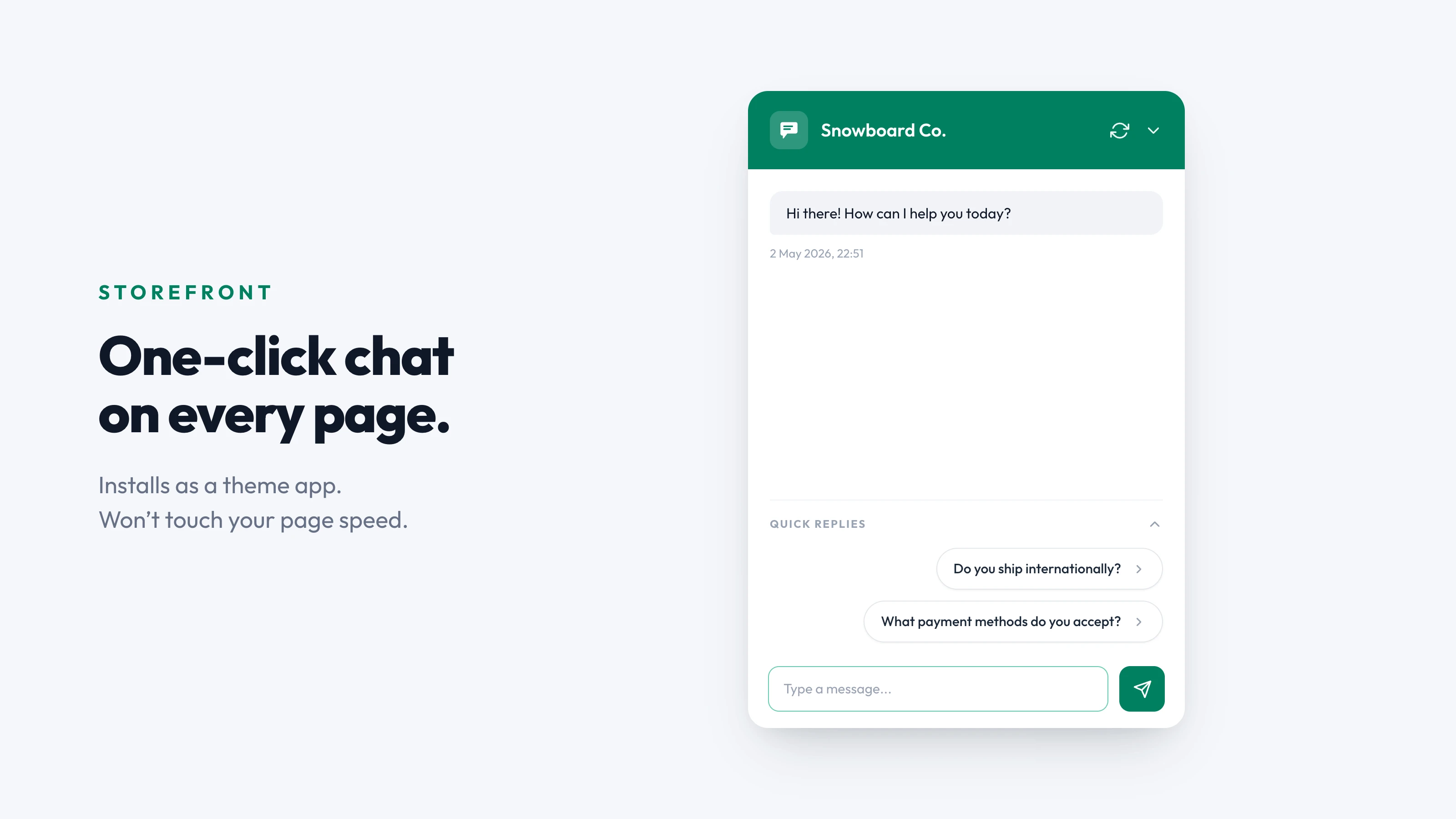Shopify storefront chat widget with AI replying to a customer
