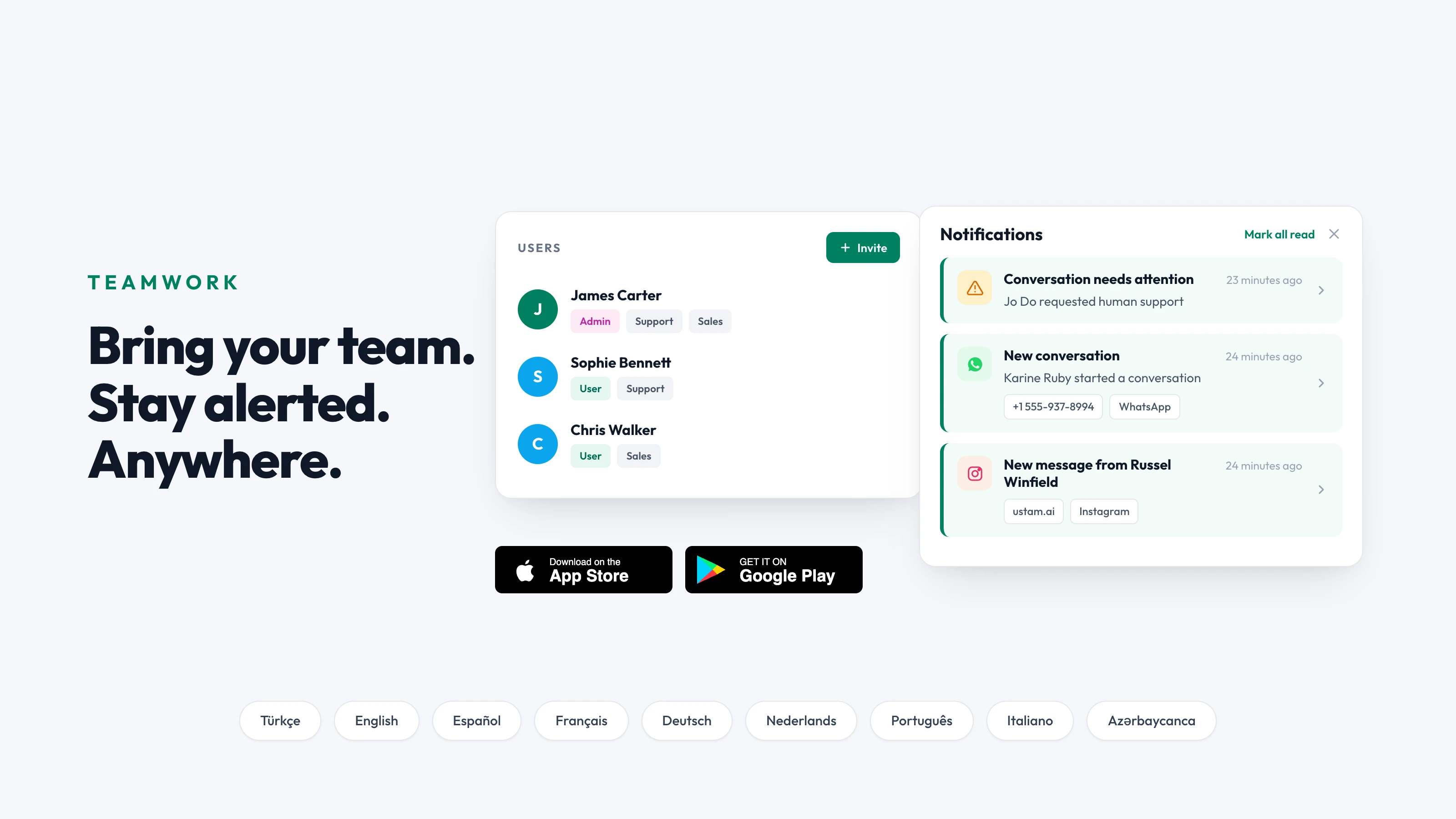 Notifications panel with alerts for conversations needing attention, new conversations, and incoming messages — for staff on web and mobile